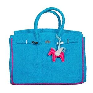 Blue Tote Bag with Pink Accents